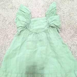 Zara Green Linen Dress With Flutter Sleeves